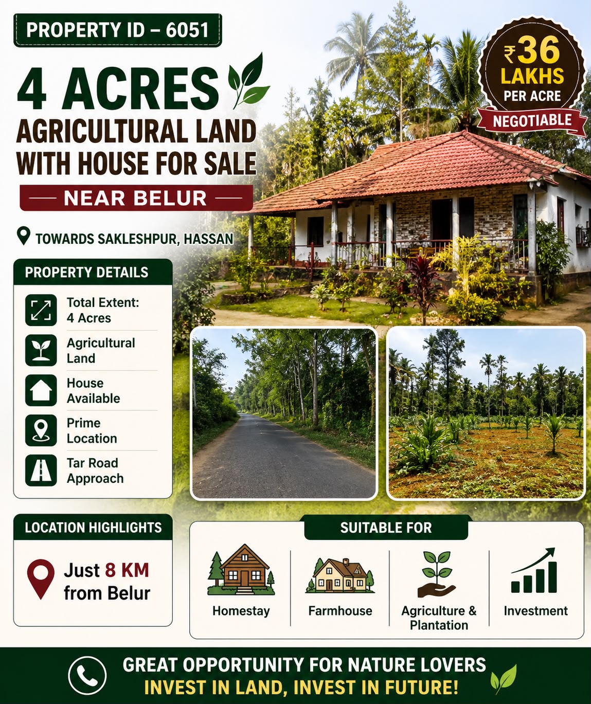 🆔 *PROPERTY ID – 6051* 🌿🏡 *4 Acres Agricultural Land with House for Sale – Near Belur